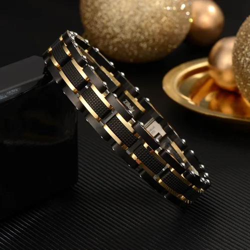Vista 7 de Zillaly Pulsera de acero inoxidable de dos tonos con eslabones cuadrados de diamantes para hombre en negro y azul ionizado negro