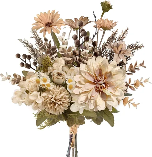 Vista 9 de Arreglos florales artificiales de seda de 17 pulgadas, ramos de flores artificiales que consisten en ranúnculos, crisantemos silvestres, rosas Ámbar