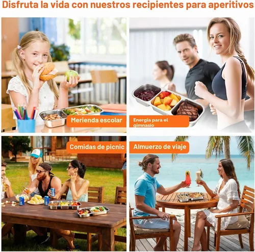 Vista 5 de Paquete de 4 recipientes de acero inoxidable con tapas, 3 compartimentos reutilizables para adultos, contenedores de almacenamiento de alimentos
