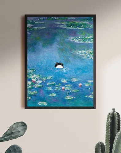 Vista 5 de MINI ZOZI Pintura de rana vintage de Monet, arte famoso de 12 x 16 pulgadas, lirios de agua con rana japonesa sin impresionar, divertido lienzo