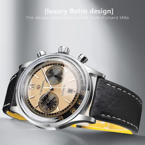 Vista 5 de FORSINING Reloj mecánico retro reloj automático con esfera panda de fecha automática reloj de pulsera de acero inoxidable con correa de cuero negro