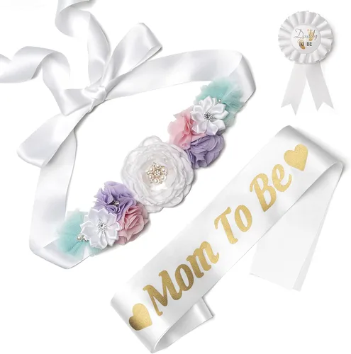 Vista 19 de Juego de decoraciones de baby shower con banda de texto en inglés "Mom to Be", regalo de fiesta de revelación de género para futuros padres