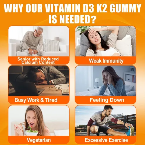 Vista 6 de Gomitas de vitamina D3 K2 para adultos – Vitamina D3 5000IU + K2 (MK-7) 120mcg – Suplementos D3 y K2 sin azúcar con omega-3, metilo B12, B9, B6