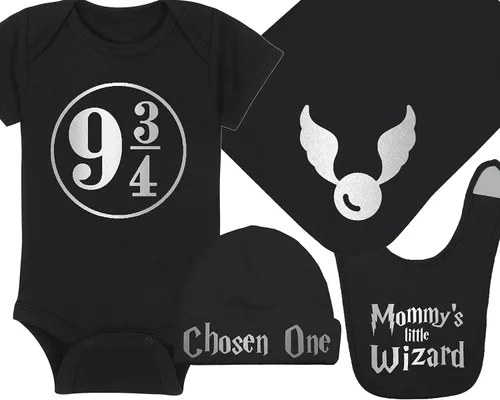 Vista 57 de Sombrero de bebé Wizard - Chosen One (tela negra - diseño dorado)