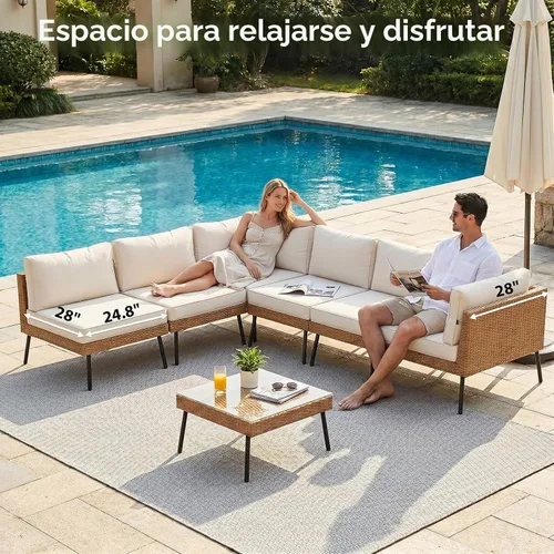 Vista 5 de Aoxun Juego de muebles de patio de 7 piezas con mesa auxiliar, color beige Muebles de mimbre para exteriores con cojines gruesos resistentes al