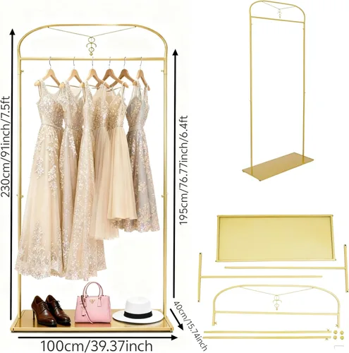 Vista 5 de 91" estante alto de la ropa del oro con los estantes, estante largo del vestido de la ejecución Estantes de ropa nupcial, organizador para tienda