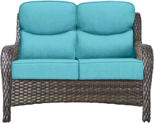 Vista 16 de Sofá Pop Patio de 2 plazas para exteriores con cojines gruesos de botones, respaldo alto, muebles de ratán de mimbre marrón resistentes y cómodos