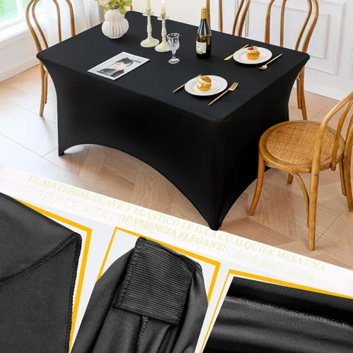 Vista 4 de Famstar Paño de Mesa Negro de 4 Pies de Elastano, Paño de Mesa Ajustado para Mesas Rectangulares, Fundas Elásticas Lavables Sin Arrugas