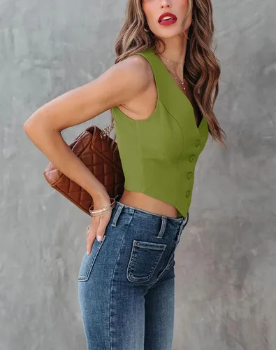 Vista 3 de Sunborui Chalecos sin mangas con botones para mujer, totalmente forrados, cuello en V, chaqueta ajustada regular