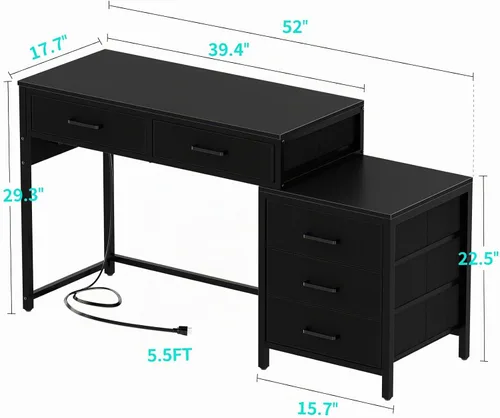 Vista 3 de Unikito Escritorio de computadora reversible con 5 cajones, escritorio de oficina resistente con tomas de corriente y puertos USB, mesa de escritura