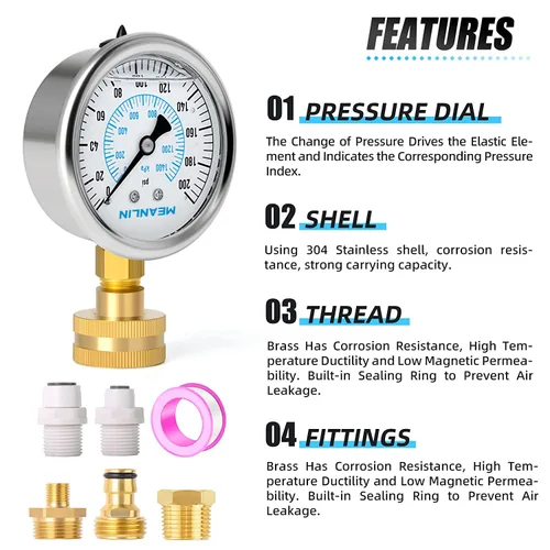 Vista 5 de MEANLIN MEASURE Manómetro de presión de 0~200 Psi con marco de acero inoxidable, rosca hembra de 3/4", relleno de líquido, kit con 5 adaptadores