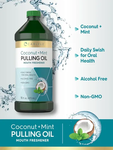 Vista 4 de Carlyle Aceite de Extracción para Dientes y Encías 16 Fl Oz Paquete de 2 Coco y Menta Sin Alcohol y Sin OGM Coco y menta Sin alcohol, sin