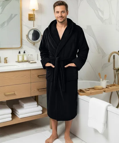 Vista 2 de NY Threads - Bata de baño con capucha para hombre de lujo, bata de baño de felpa de lujo con capucha, bata de spa para hombre Negro