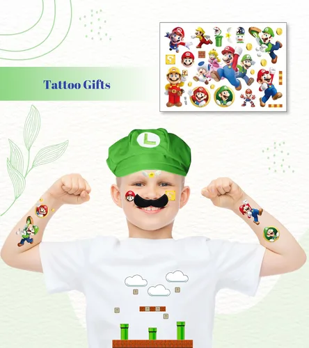 Vista 5 de PIIDUOO Mari Luigi - Disfraz de Halloween para niños, sombrero de Super Bros, guantes de bigote, accesorios de disfraces para niños y niñas, cosplay
