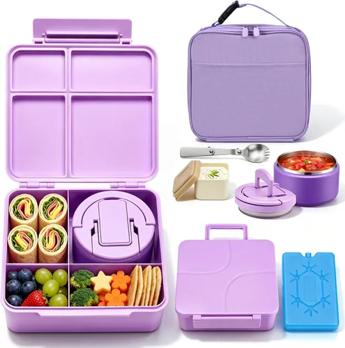Vista 9 de Lonchera Bento con termo de sopa de 8 onzas, a prueba de fugas, 4 compartimentos, para niños, con taza de salsa y bolsa de hielo, tarro de comida