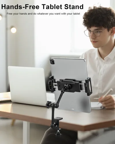 Vista 2 de Soporte de aluminio para tablet para soporte de escritorio, soporte de tableta [pequeño portátil] para cocina, clip de cama con abrazadera grande