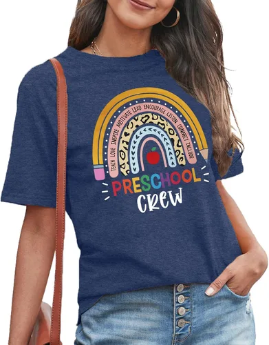 Vista 2 de MAIHUN Camisetas para profesores de preescolar para mujer, camiseta de cuello redondo con estampado de arco iris, manga corta