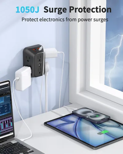 Vista 6 de Cargador de pared USB con protector contra sobretensiones, HOPOW extensor de 6 salidas con 4 puertos de carga USB (2 USB C), enchufe de pared