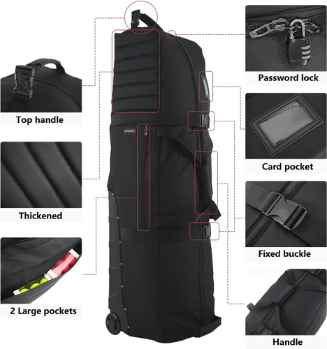 Vista 7 de Wheeled Golf Travel Bag with Stand, Adjustable 2 or 4 Wheels, Thickened Padded Protection, Rolling Travel Case with Handles, with Password Lock