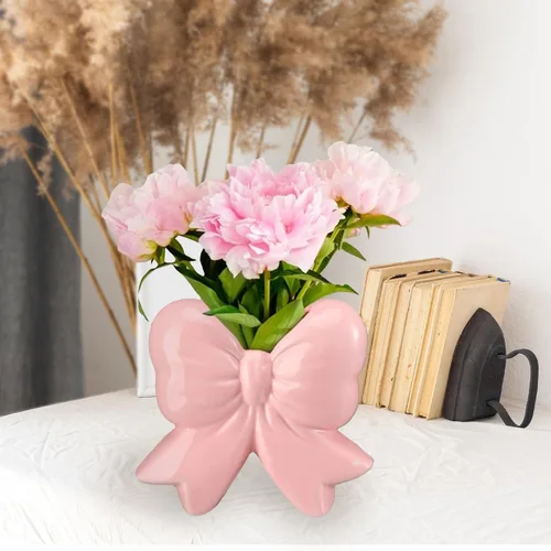 Vista 2 de Jarrón de cerámica con lazo rosa, diseño contemporáneo, decoración de lazo rosa, soporte para bolígrafo, soporte para brochas de maquillaje, regalo