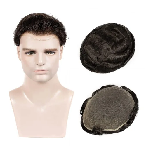 Vista 6 de Amiable Toupee para hombres, cabello humano, encaje francés, sistemas de reemplazo de cabello para hombre, suave blanqueado, frontal, aspecto #1