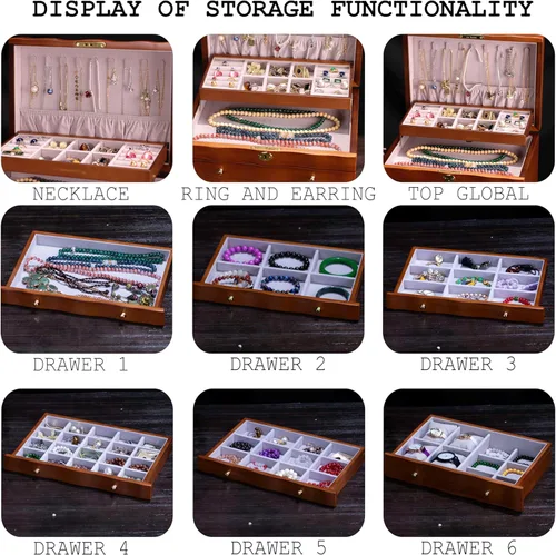 Vista 4 de Joyero de madera, joyeros para mujer, caja grande para joyas y organizadores con colgador de collares, organizador de joyas, organizador de joyas