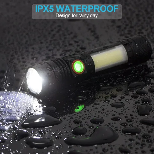 Vista 5 de Linterna recargable, linterna LED súper brillante con luz lateral COB, zoomable, impermeable, 4 modos, linterna táctica para camping, emergencia