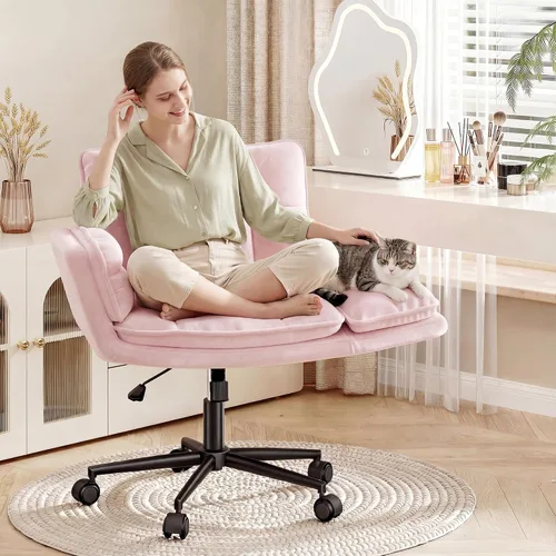 Vista 8 de DurayLoly Silla Criss Cross con ruedas, silla de escritorio rosa con reposabrazos ajustables, silla de tocador con respaldo para dormitorio, sala