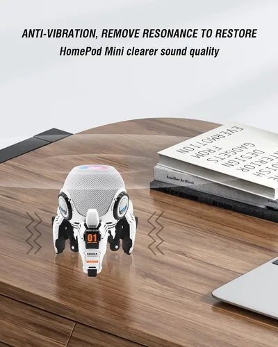 Vista 6 de Soporte para Homepod Mini, trípode de ABS con forma de robot, montaje seguro y estable con almohadilla de silicona antideslizante que protege bien