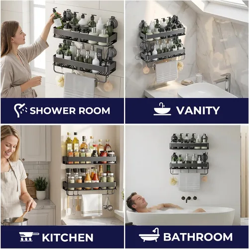 Vista 8 de Organizador de ducha esquinero, con ventosa y ganchos, organizador de baño de aluminio inoxidable sin perforaciones, estantes para decoración