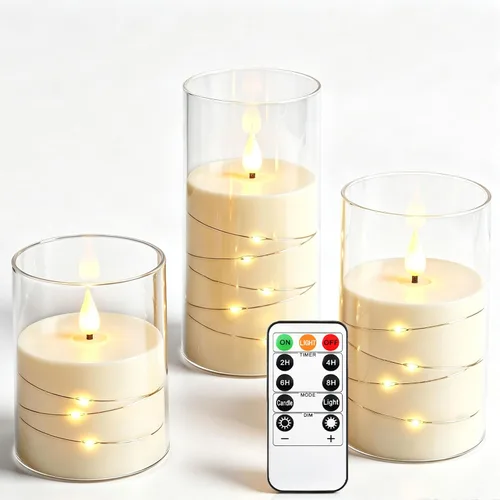 Vista 11 de Da by Paquete de 3 velas cónicas de acrílico transparente rojo sin llama, velas LED parpadeantes de mecha negra con cadena de luces de hadas, velas