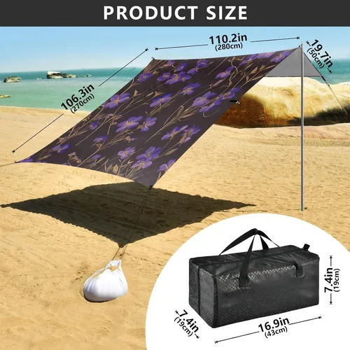 Vista 3 de Little Purple Flowers Beach Tent & Canopy UPF50+ Protection Lightweight Large Portable Sun Shelter with Sand Shovel, Sandbags for Camping, Picnics