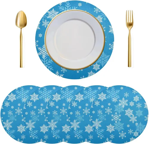 Vista 9 de Juego de 6 manteles individuales redondos, copos de nieve sobre rojo oscuro, resistentes al calor, para mesa de comedor, decoración de Navidad