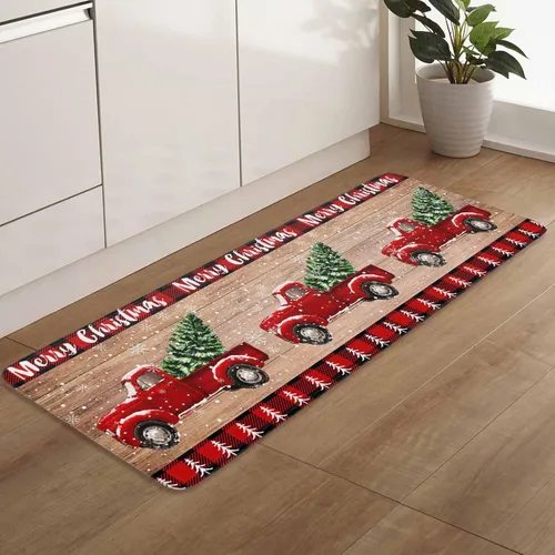 Vista 7 de Juego de 2 alfombras de cocina con camión rojo, árbol de Navidad rojo sobre tablero de madera retro, antideslizante, cómodo, tapete de pie