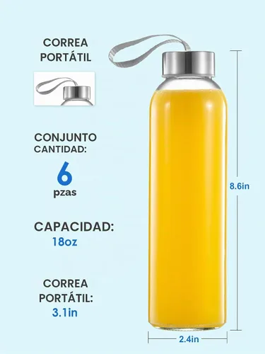 Vista 5 de QCen Botella de vidrio transparente de 18 onzas para jugo, paquete de 6