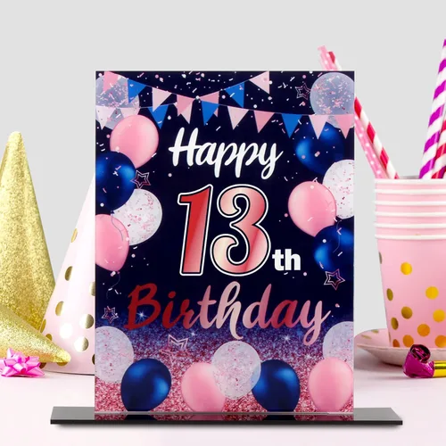 Vista 283 de LINGTEER Decoraciones de feliz cumpleaños número 11, 2 piezas de soporte de acrílico con impresión de pie rosa y azul, tablero de telón de fondo