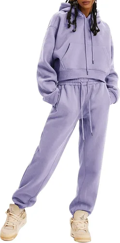 Vista 14 de Kissonic Conjunto deportivo de forro polar para mujer, 2 piezas, sudadera con capucha y pantalones deportivos