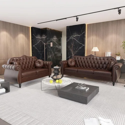 Vista 11 de AVZEAR Chesterfield - Juego de sofás seccional de 2 piezas para sala de estar, sofá tapizado en terciopelo moderno de mediados de siglo, sofá Blanco