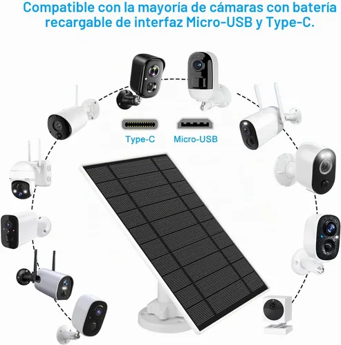 Vista 2 de Panel solar de 6 W 5 V para cámara Wyze al aire libre v1/v2 y batería Cam Pro, puerto micro USB o USB tipo C IP65 impermeable, montaje ajustable