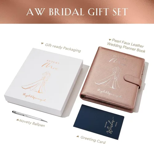 Vista 5 de AW BRIDAL Future Mrs Libro Planificador de Bodas y Organizador Juego de Regalo, Planificadores de Boda de Destino Personalizados, Regalo de Oro rosa