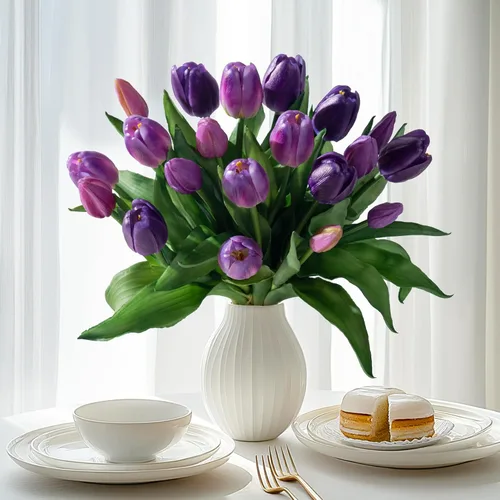 Vista 14 de Bailikang 20 piezas de tulipanes artificiales, flores de seda de tulipanes falsos, ramo artificial de PU, flores artificiales de imitación con caja
