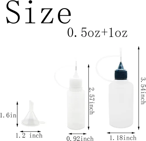 Vista 2 de 12 botellas aplicadoras de punta de precisión, 6 piezas de 1 onza y 6 botellas de pegamento translúcido de 0.5 onzas, con 2 mini embudo
