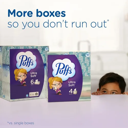 Vista 5 de Pañuelos faciales ultrasuaves sin loción Puffs, 1 cubo, 48 pañuelos por caja