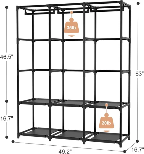 Vista 3 de Armario portátil para colgar ropa, perchero de gran capacidad con tapa, 3 varillas para colgar, 6 estantes y 8 bolsillos, armario fuerte y estable