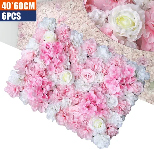 Vista 3 de 6 paneles de pared de flores artificiales de 24 x 16 pulgadas, paneles decorativos de flores de rosas de seda 3D, fondo de pared para bodas