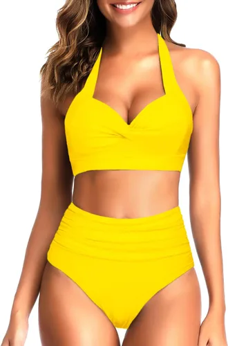 Vista 33 de Tempt Me - Traje de baño de dos piezas para mujer Bikini de cintura alta con cuello Halter vintage y retro, traje de baño con realce Bandera