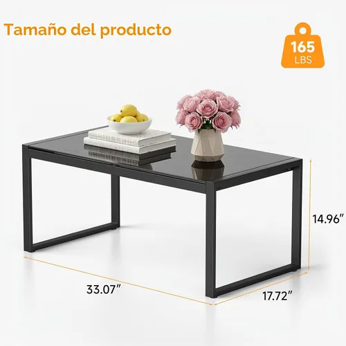 Vista 2 de ONBRILL Mesa de café rectangular con escritorio de vidrio templado, mesa de café para exteriores con marco galvanizado y pies ajustables para patio