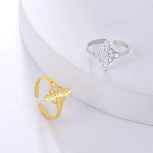 Vista 19 de UNIFT Anillo de nudo de bruja para mujer, de acero inoxidable, estilo geométrico, elegante, elegante, irlandés, nudo celta, ajustable, anillo