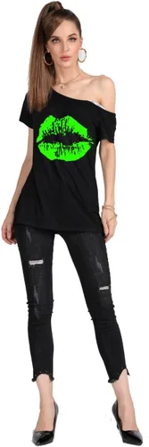 Vista 41 de MAGICMK - Camiseta casual para mujer, con estampado de labios y hombro descubierto, talla extragrande