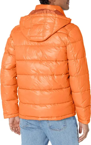 Vista 2 de GUESS Chaqueta acolchada de peso medio para hombre con capucha extraíble, Carmesí